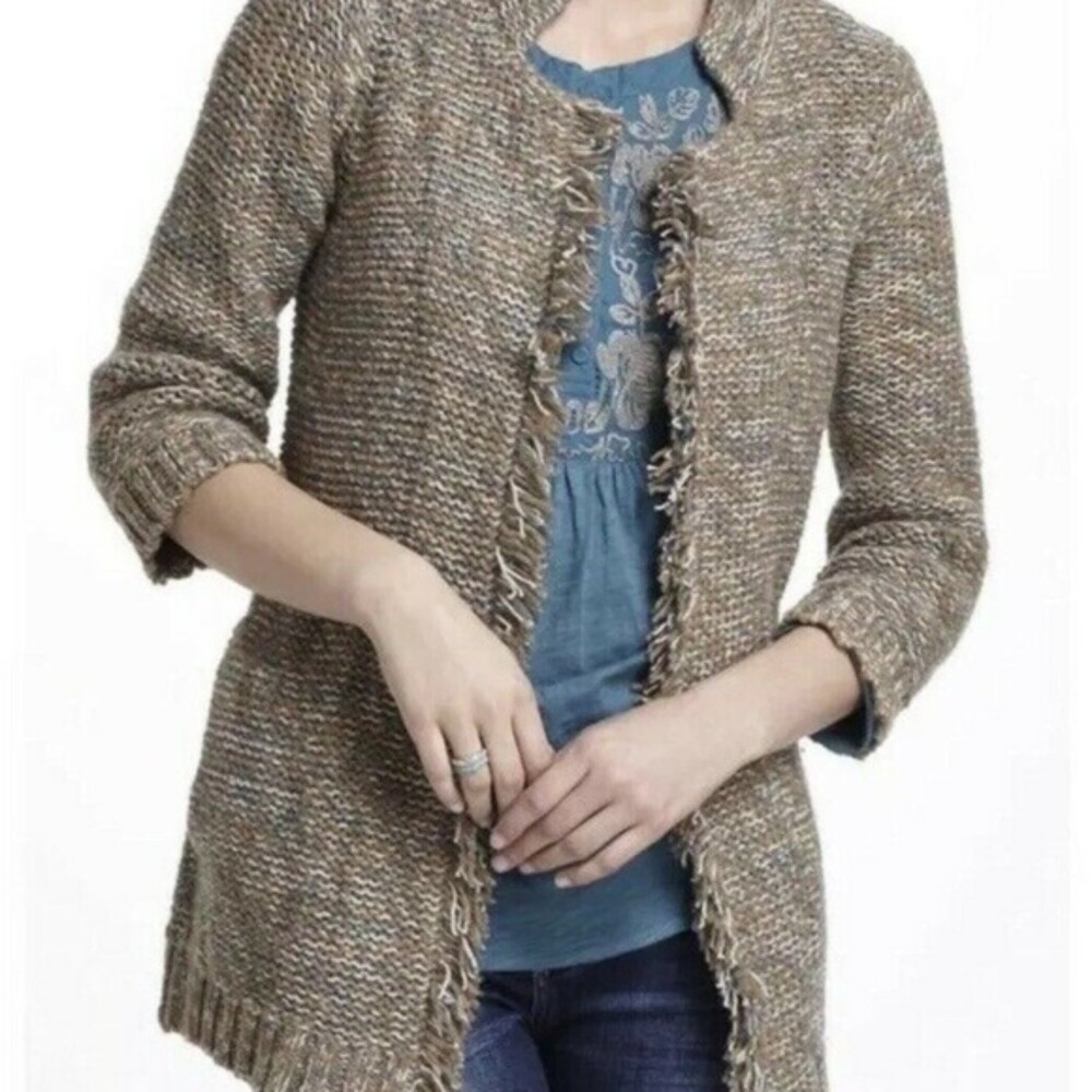 SPARROW ANTHROPOLOGIE Loose Knit Fringe Open Cardigan Brown Green Size M